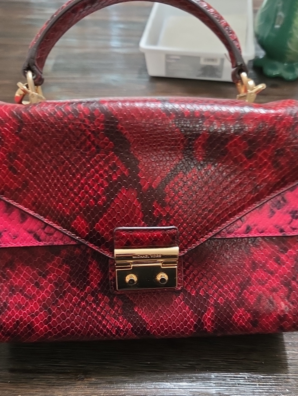 Micheal Kors Red Python-Texture Top Handle Bag with Gold Hardware